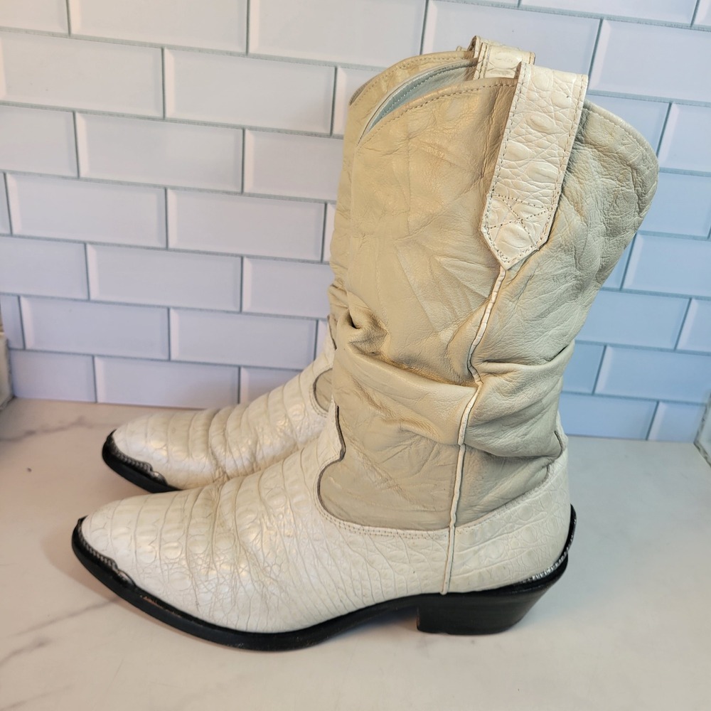 Zodiac Vintage White Cream Slouch Western Cowboy Boots Metal Toe Size 9M